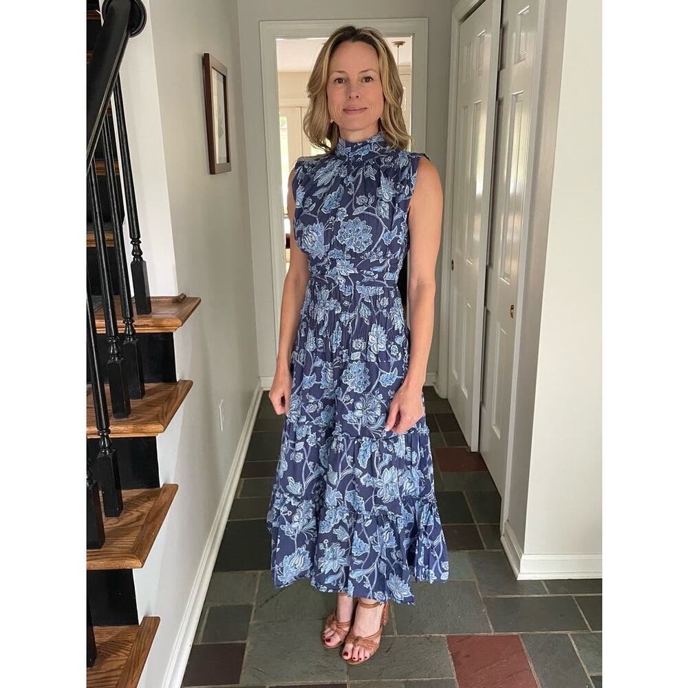 DEREK LAM 10 CROSBY Blue Floral Printed High Neckline Flowy Maxi Dress Size 46